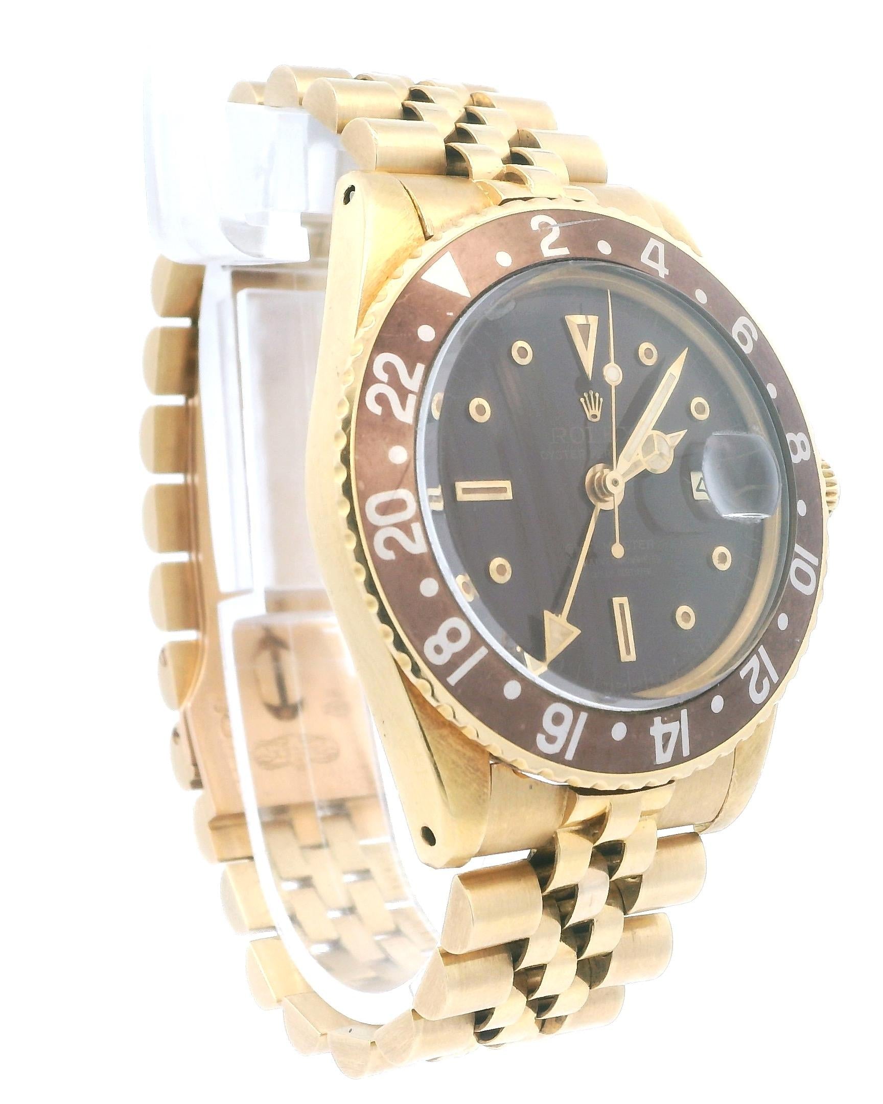 Rolex GMT-Master 1675 Gloss Brown Nipple Dial 18K Yellow Gold Vintage Watch