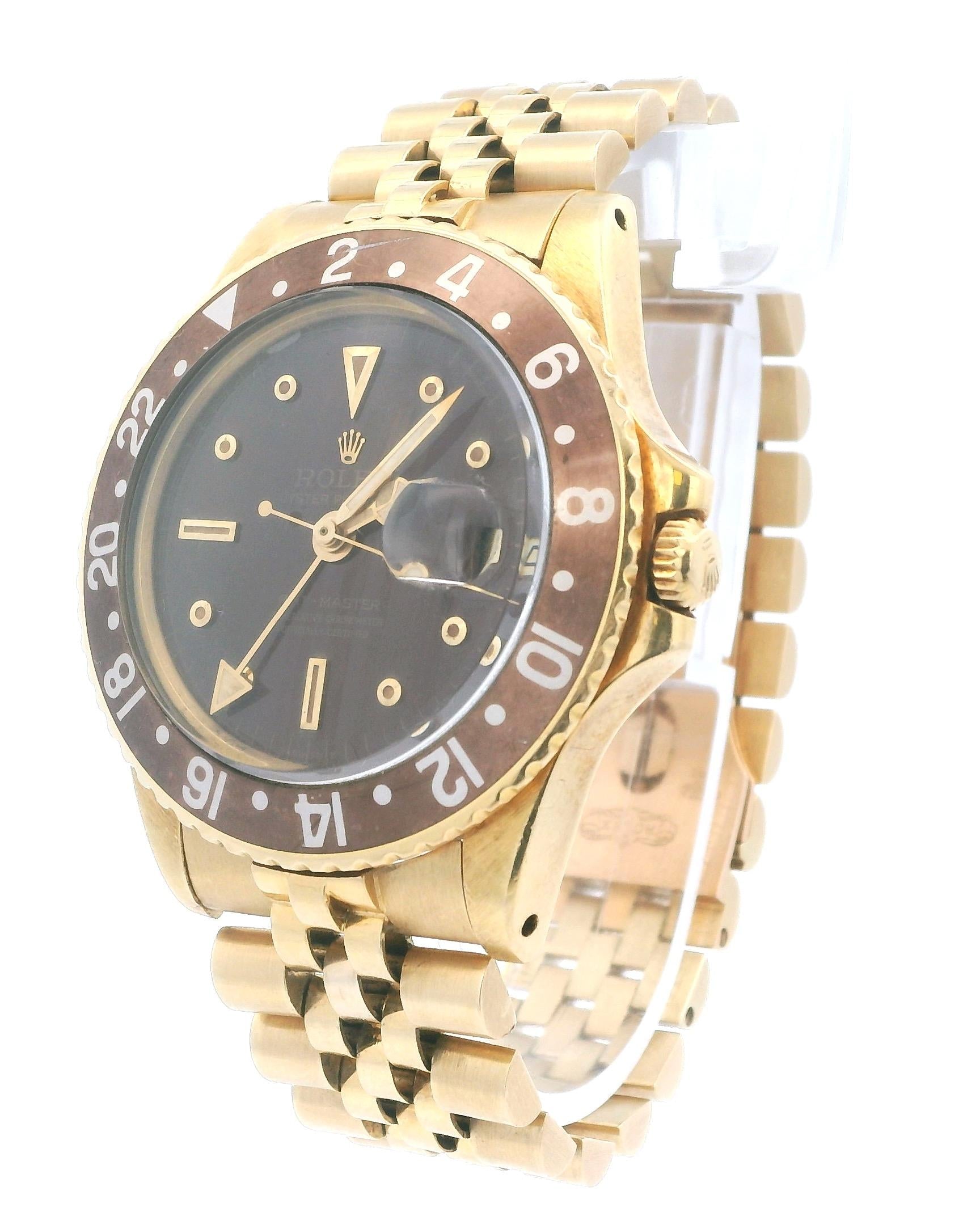 Rolex GMT-Master 1675 Gloss Brown Nipple Dial 18K Yellow Gold Vintage Watch