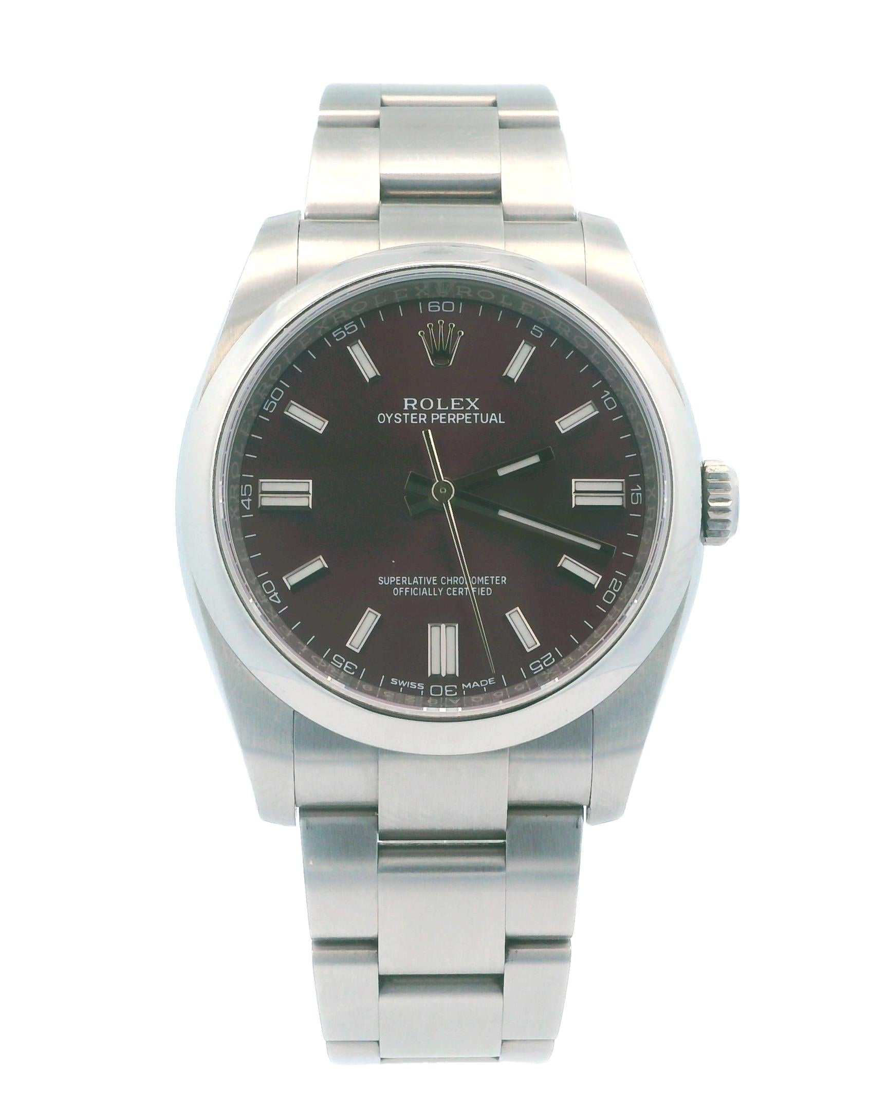 Rolex Oyster Perpetual 116000 Red-Grape Dial Steel Box Papers