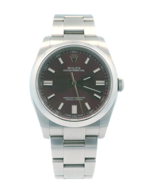 Rolex Oyster Perpetual 116000 Red-Grape Dial Steel Box Papers