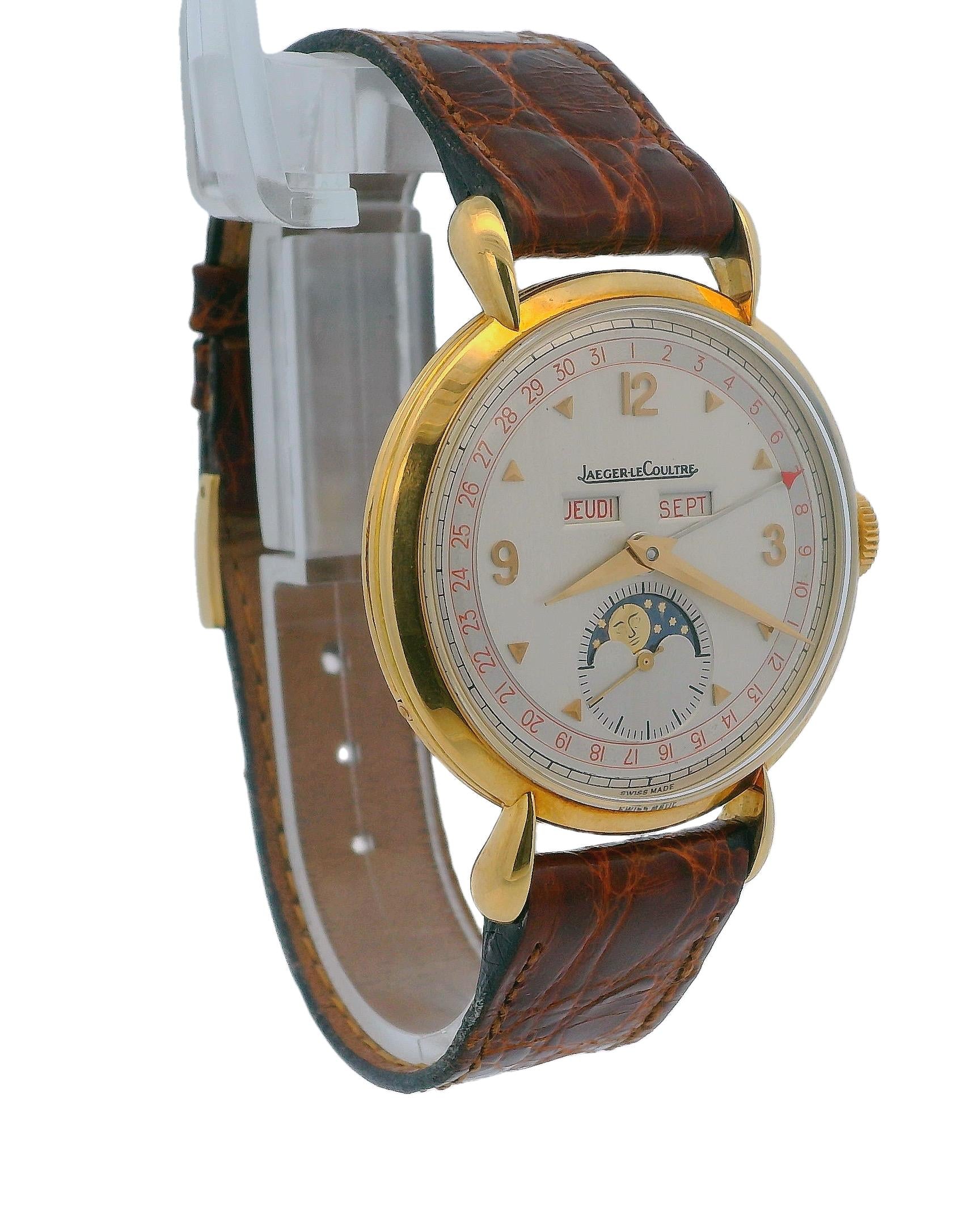 Jaeger LeCoultre Triple Date Moon Phase French Print 18K Yellow Gold Watch