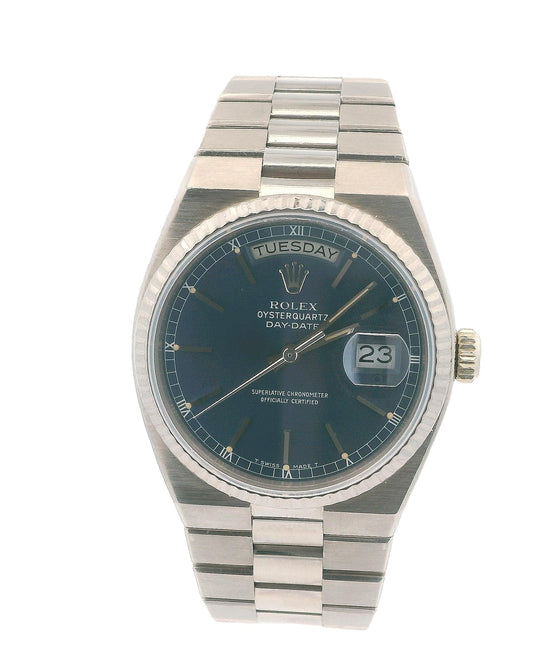 Rolex Day Date Oysterquartz 19019 Blue Dial 18K White Gold Mens Watch