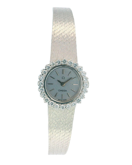 Omega 18k White Gold & 1Ct Diamond Bezel Mesh Bracelet Ladies Watch