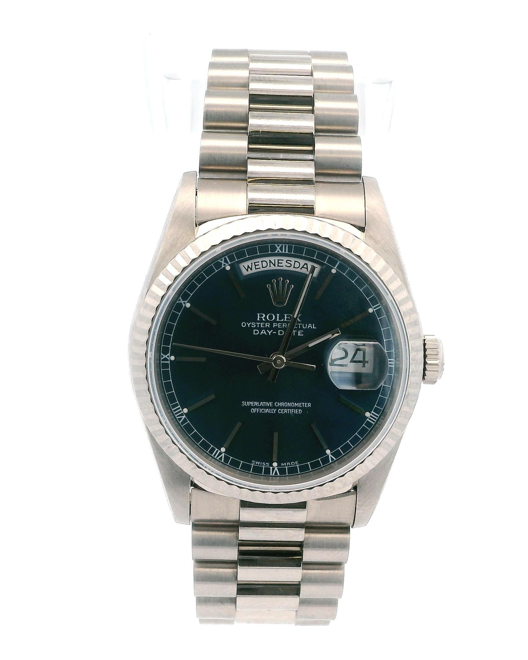 Rolex Day Date 18239 Blue Dial 18K White Gold W/Service Docs.