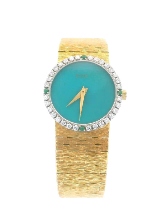 Piaget Turquoise Dial & Diamond Bezel with Emerald 18K Yellow Gold Ladies Watch