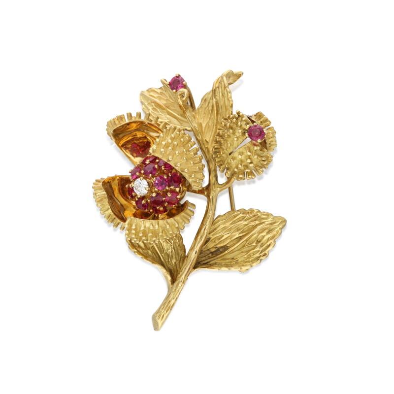 Tiffany & Co. 18K Yellow Gold, Ruby and Diamond Flower Brooch