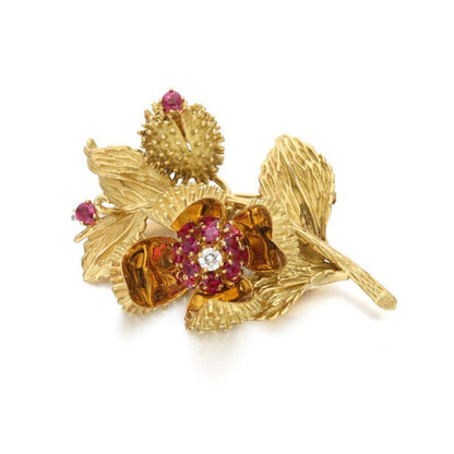 Tiffany & Co. 18K Yellow Gold, Ruby and Diamond Flower Brooch