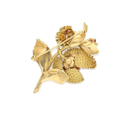 Tiffany & Co. 18K Yellow Gold, Ruby and Diamond Flower Brooch