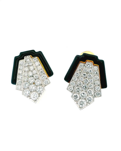 David Webb Platinum & 18K Yellow Gold Black Enamel and Diamond Clip Earrings