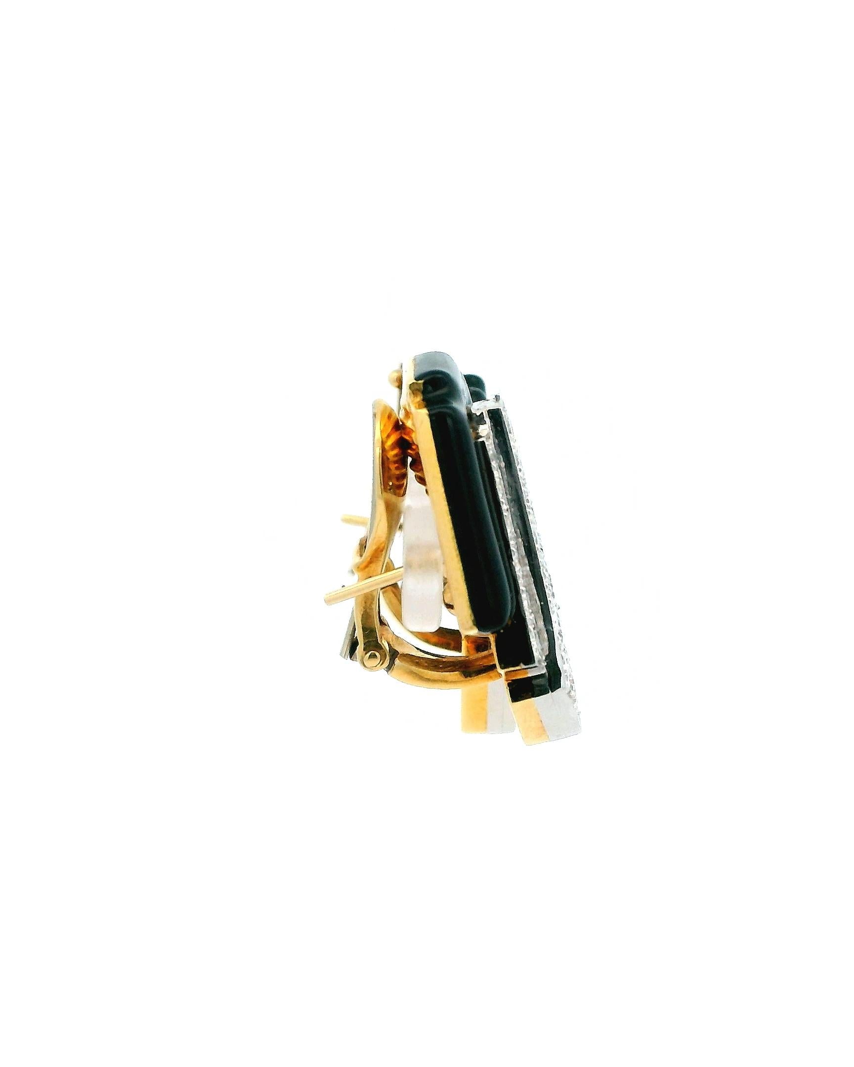 David Webb Platinum & 18K Yellow Gold Black Enamel and Diamond Clip Earrings