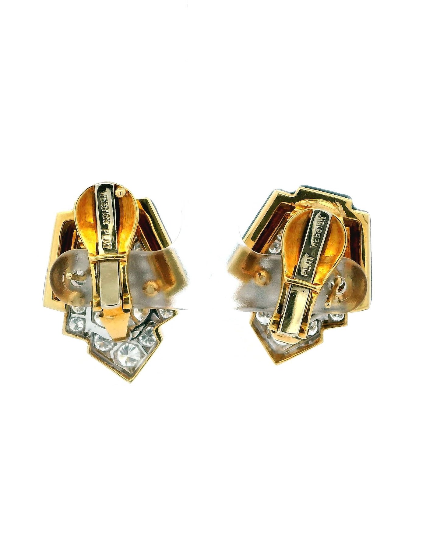 David Webb Platinum & 18K Yellow Gold Black Enamel and Diamond Clip Earrings