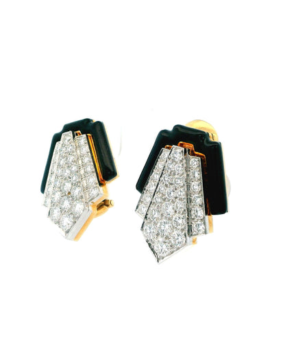 David Webb Platinum & 18K Yellow Gold Black Enamel and Diamond Clip Earrings