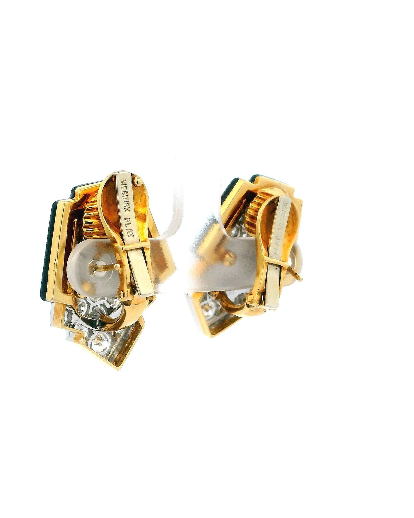 David Webb Platinum & 18K Yellow Gold Black Enamel and Diamond Clip Earrings