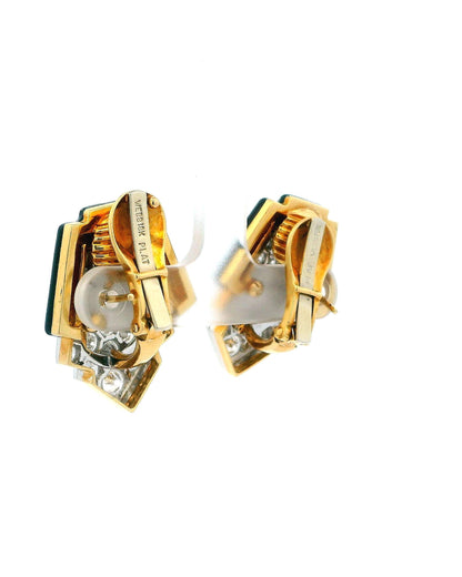 David Webb Platinum & 18K Yellow Gold Black Enamel and Diamond Clip Earrings