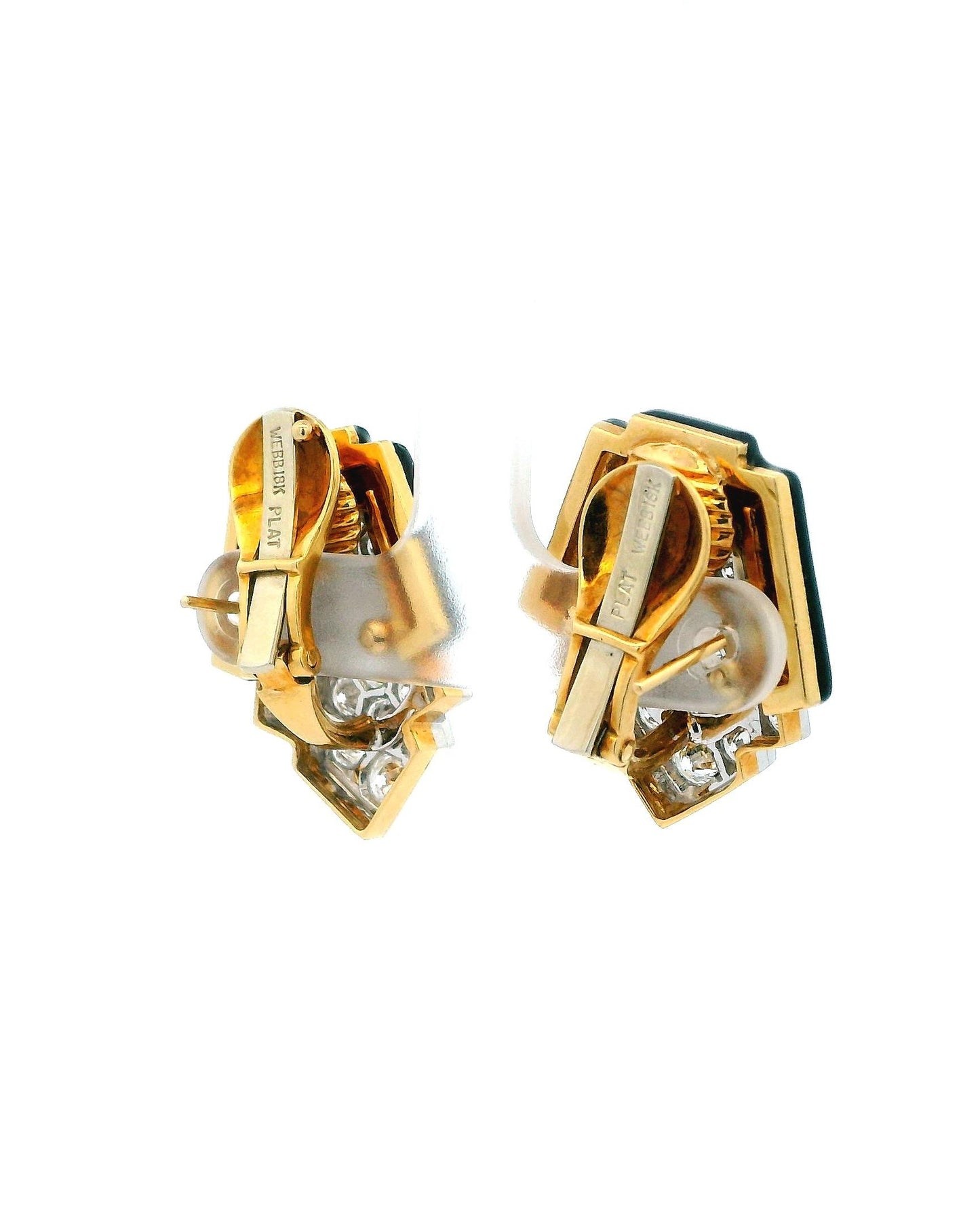 David Webb Platinum & 18K Yellow Gold Black Enamel and Diamond Clip Earrings