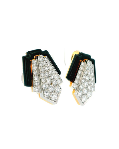 David Webb Platinum & 18K Yellow Gold Black Enamel and Diamond Clip Earrings