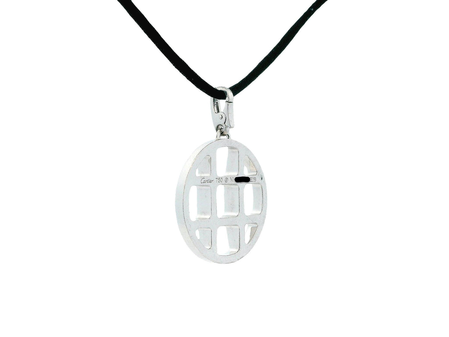 Cartier Pasha 18K White Gold Grid Pendant Necklace Black Cord
