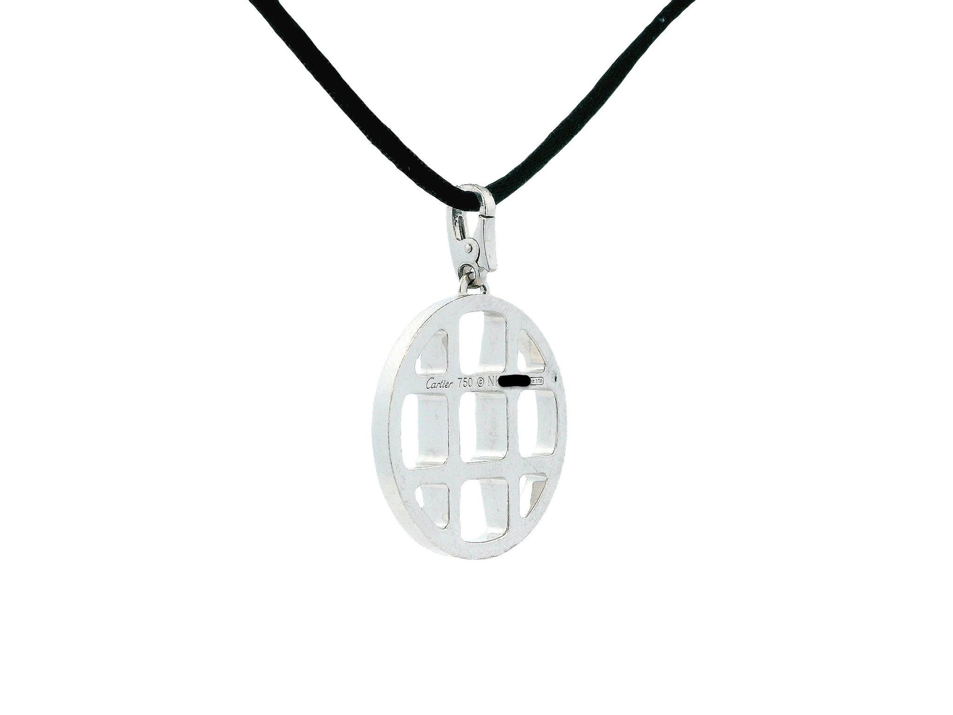 Cartier Pasha 18K White Gold Grid Pendant Necklace Black Cord