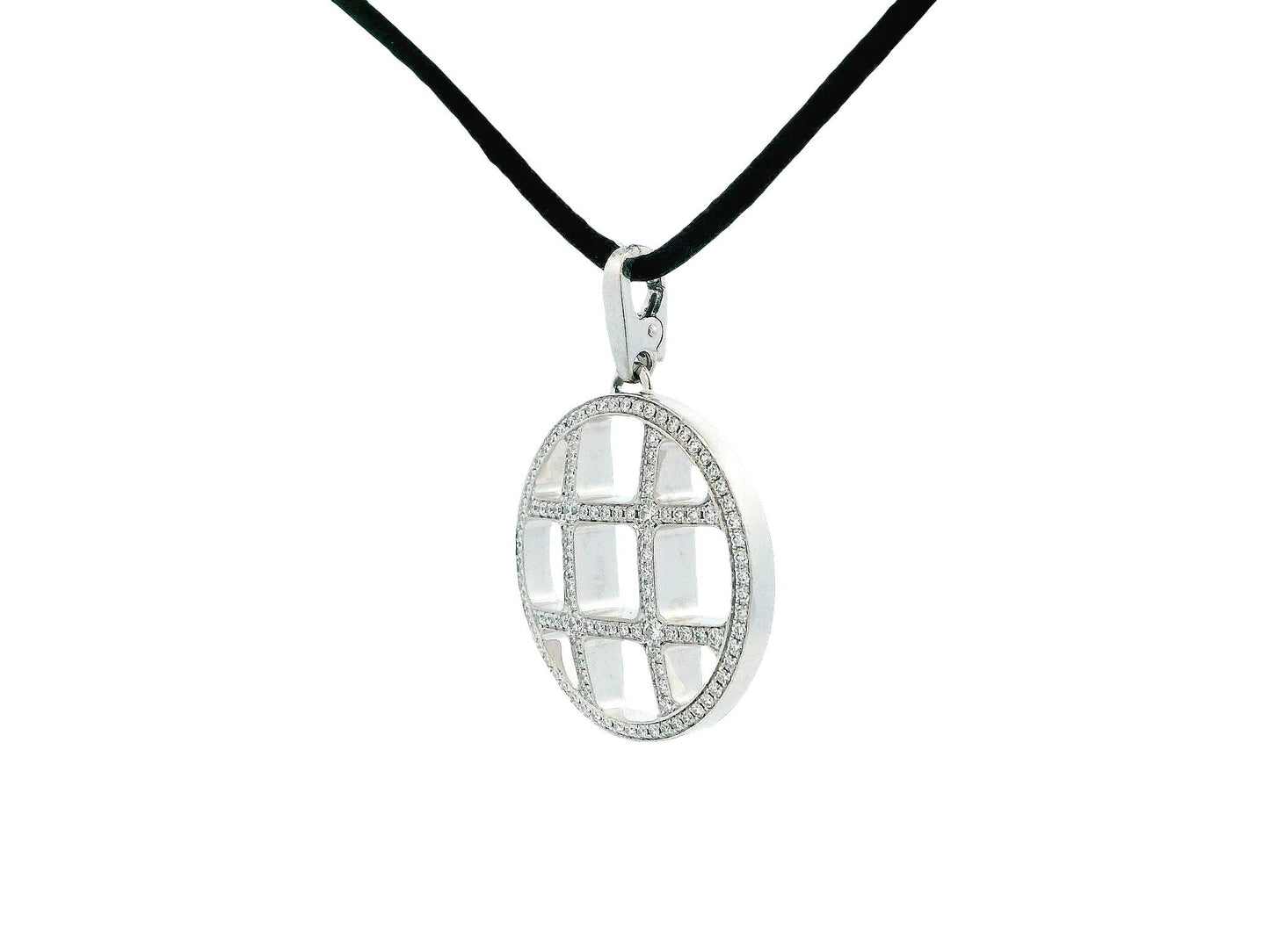 Cartier Pasha 18K White Gold Grid Pendant Necklace Black Cord