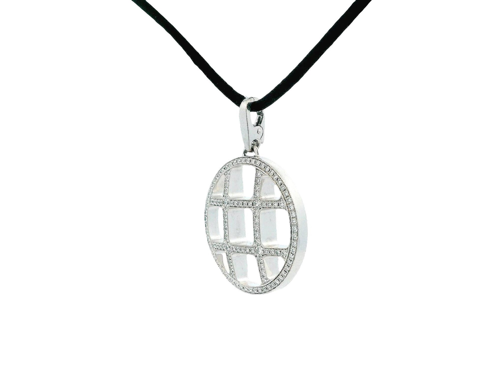 Cartier Pasha 18K White Gold Grid Pendant Necklace Black Cord