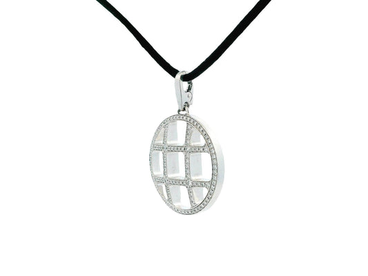 Cartier Pasha 18K White Gold Grid Pendant Necklace Black Cord