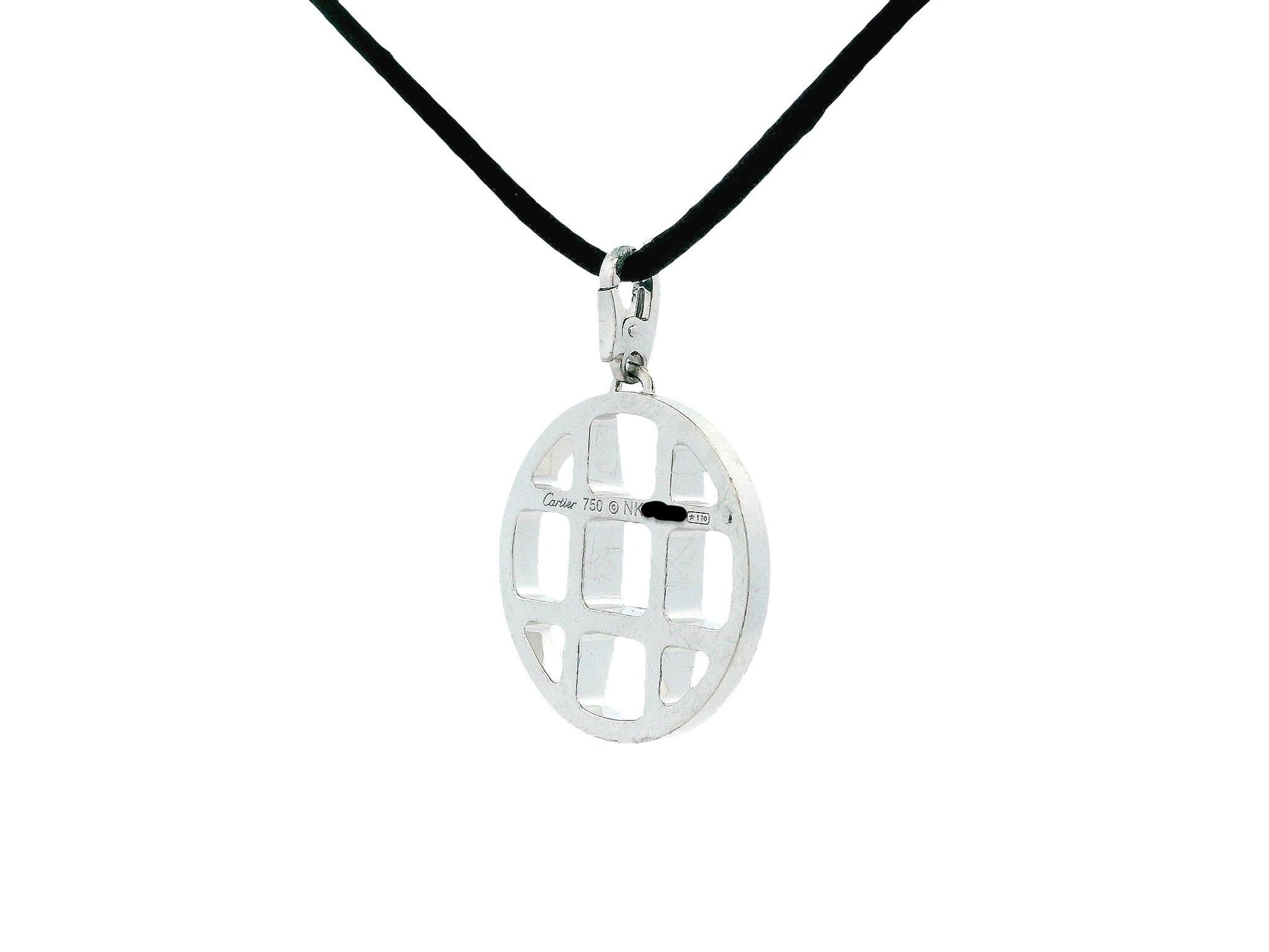 Cartier Pasha 18K White Gold Grid Pendant Necklace Black Cord