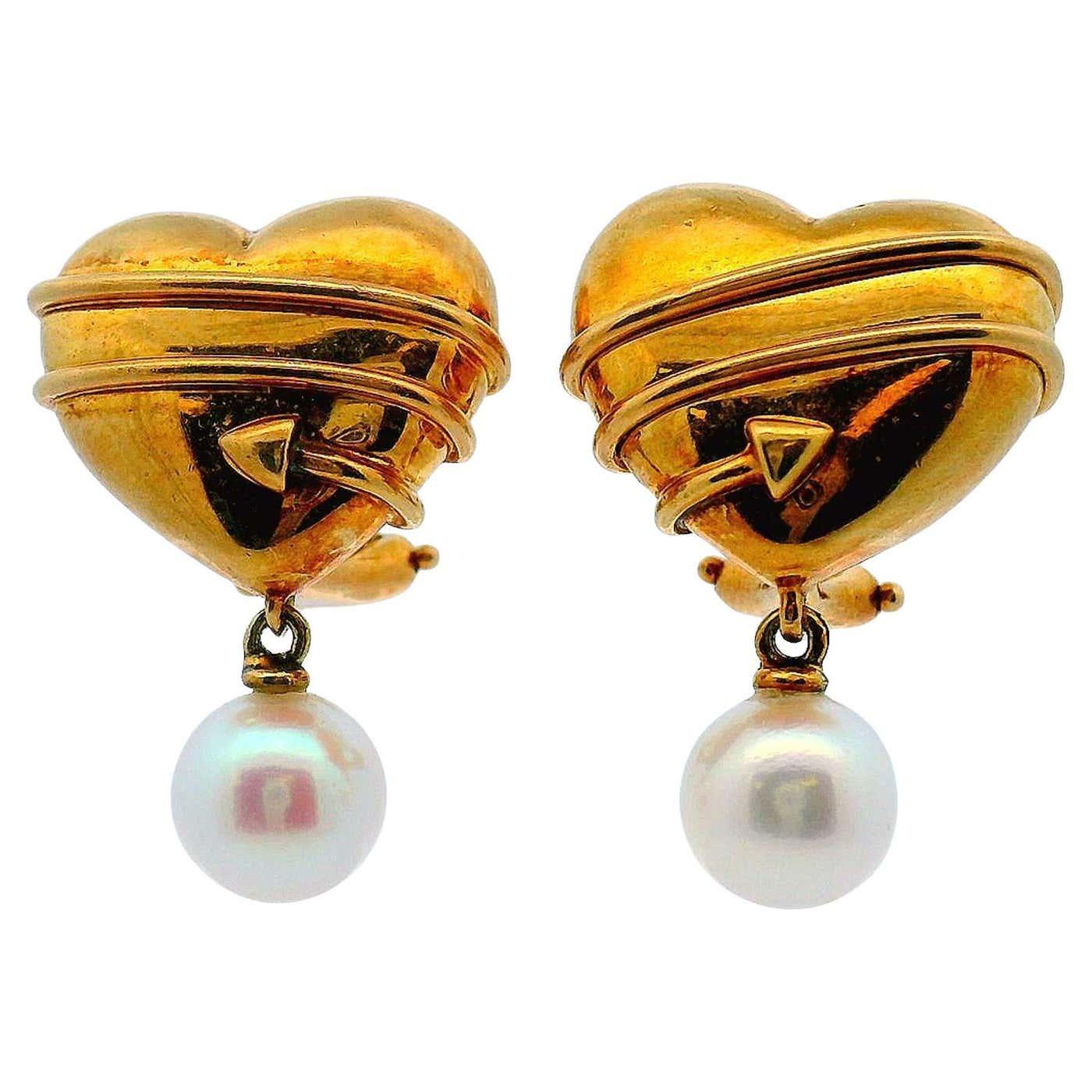 Tiffany & Co. Heart Cupid Arrow 18K Yellow Gold Vintage Earrings W/Pearl