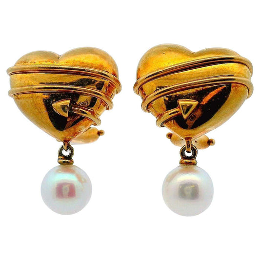 Tiffany & Co. Heart Cupid Arrow 18K Yellow Gold Vintage Earrings W/Pearl