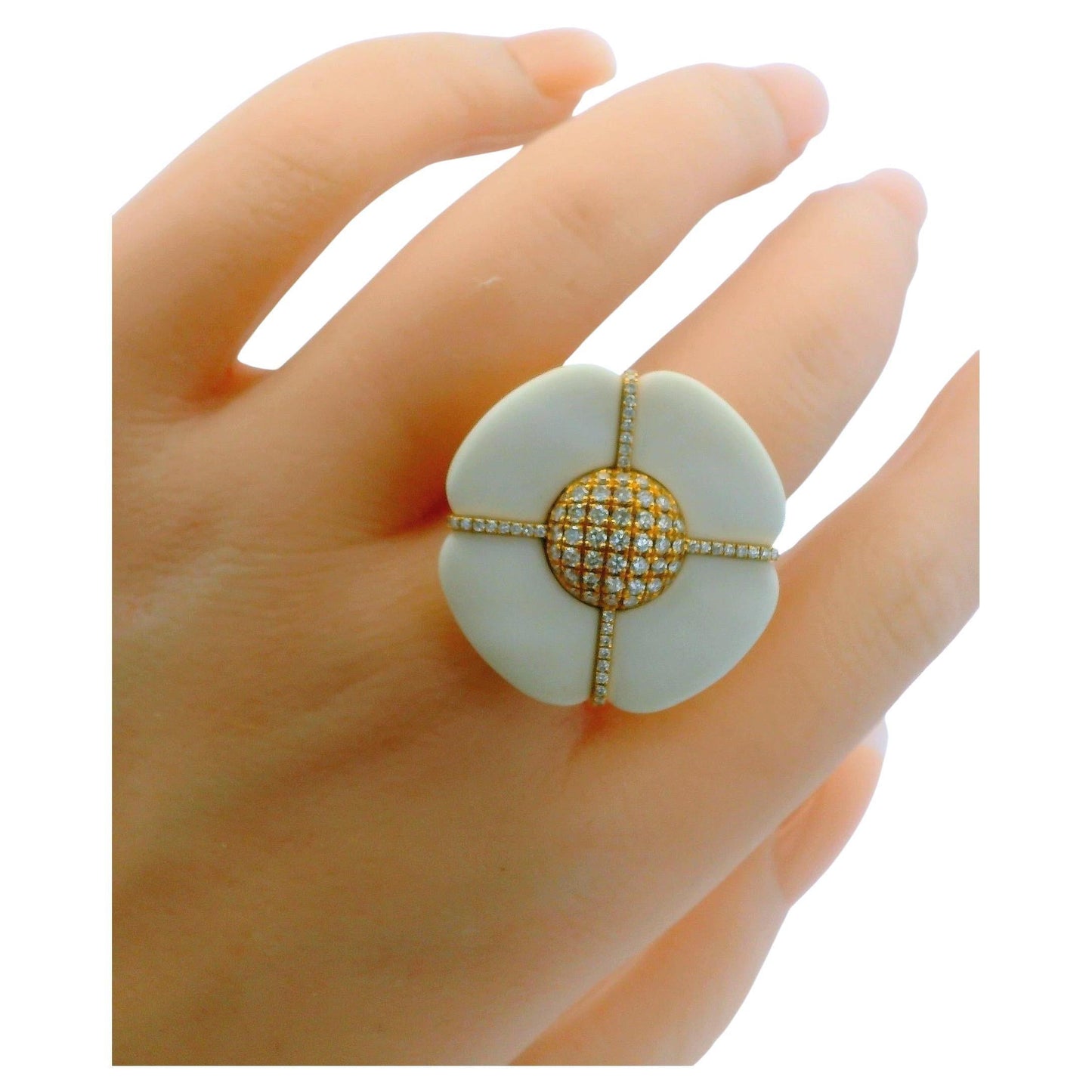 18k Yellow Gold & White Ceramic flower Pave "X" Ring