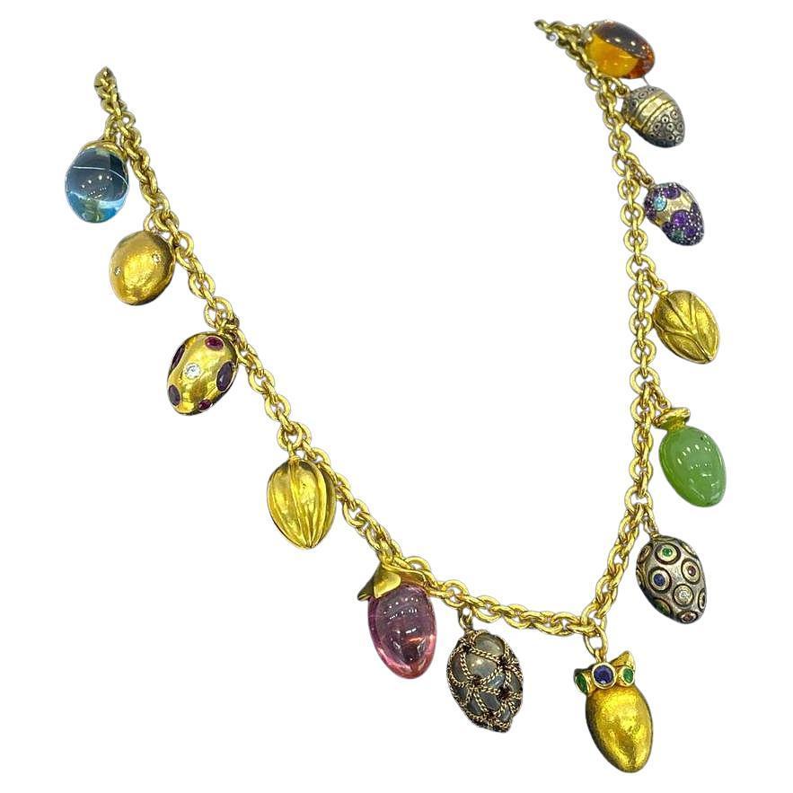 Boregaard 18K Yellow Gold Faberge Eggs Gemstone Charm Necklace