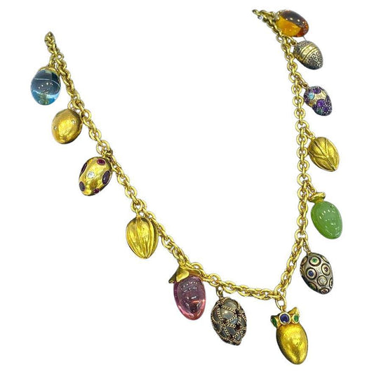 Boregaard 18K Yellow Gold Faberge Eggs Gemstone Charm Necklace