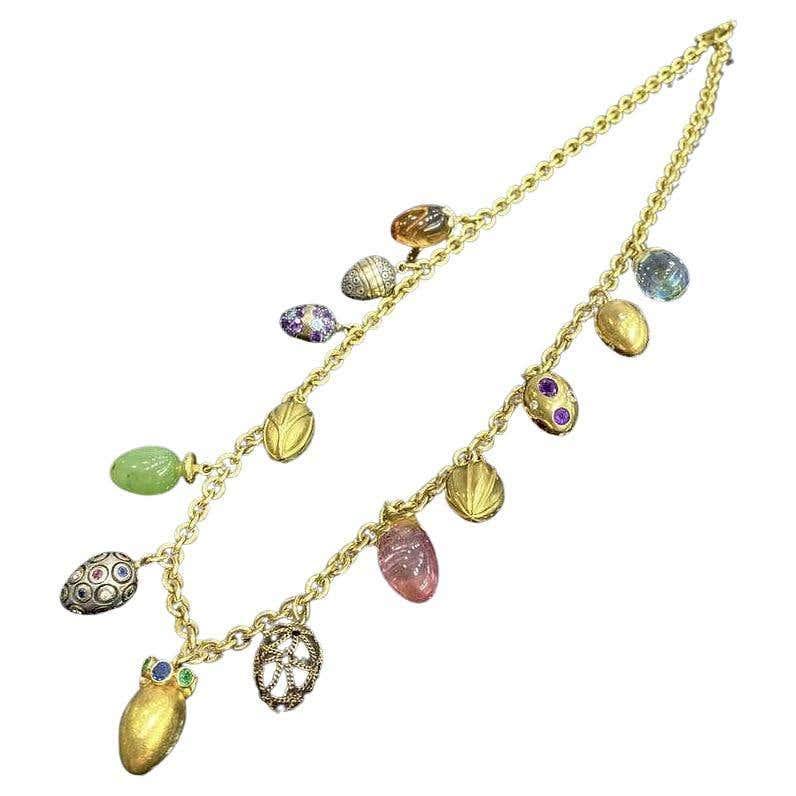 Boregaard 18K Yellow Gold Faberge Eggs Gemstone Charm Necklace