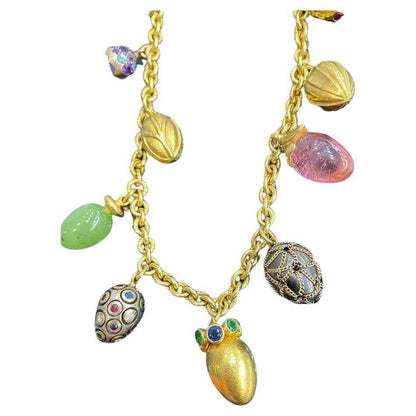 Boregaard 18K Yellow Gold Faberge Eggs Gemstone Charm Necklace