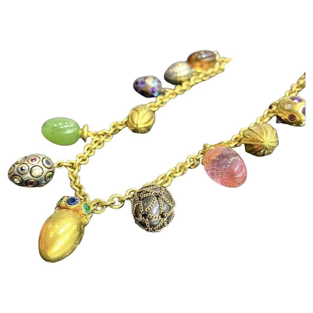 Boregaard 18K Yellow Gold Faberge Eggs Gemstone Charm Necklace
