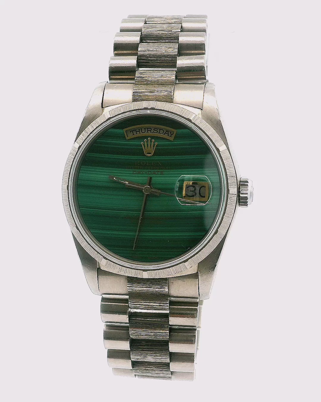 Rolex Day Date 18249 Green Malachite Dial Bark Finish Watch