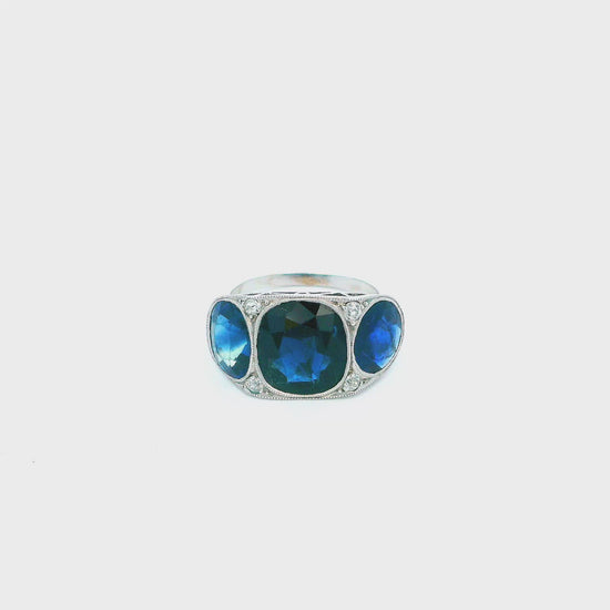 Antique Platinum Ring W/ 3 Blue Sapphire