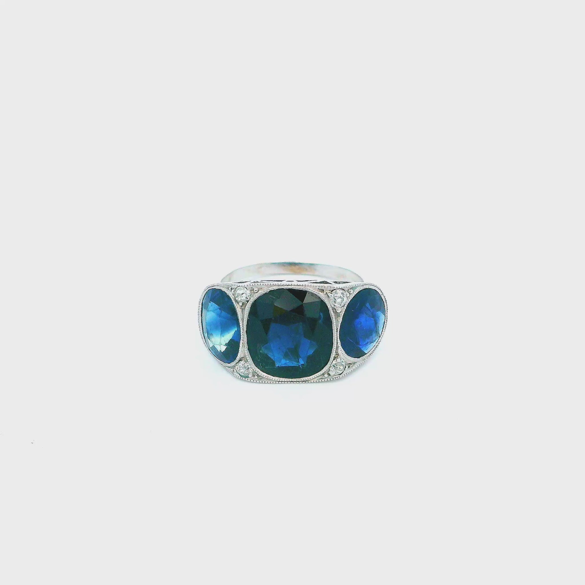 Antique Platinum Ring W/ 3 Blue Sapphire