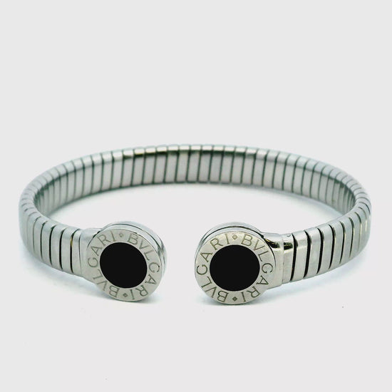 Bvlgari cuff Onyx inlay ends Stainless Steel W/ Box