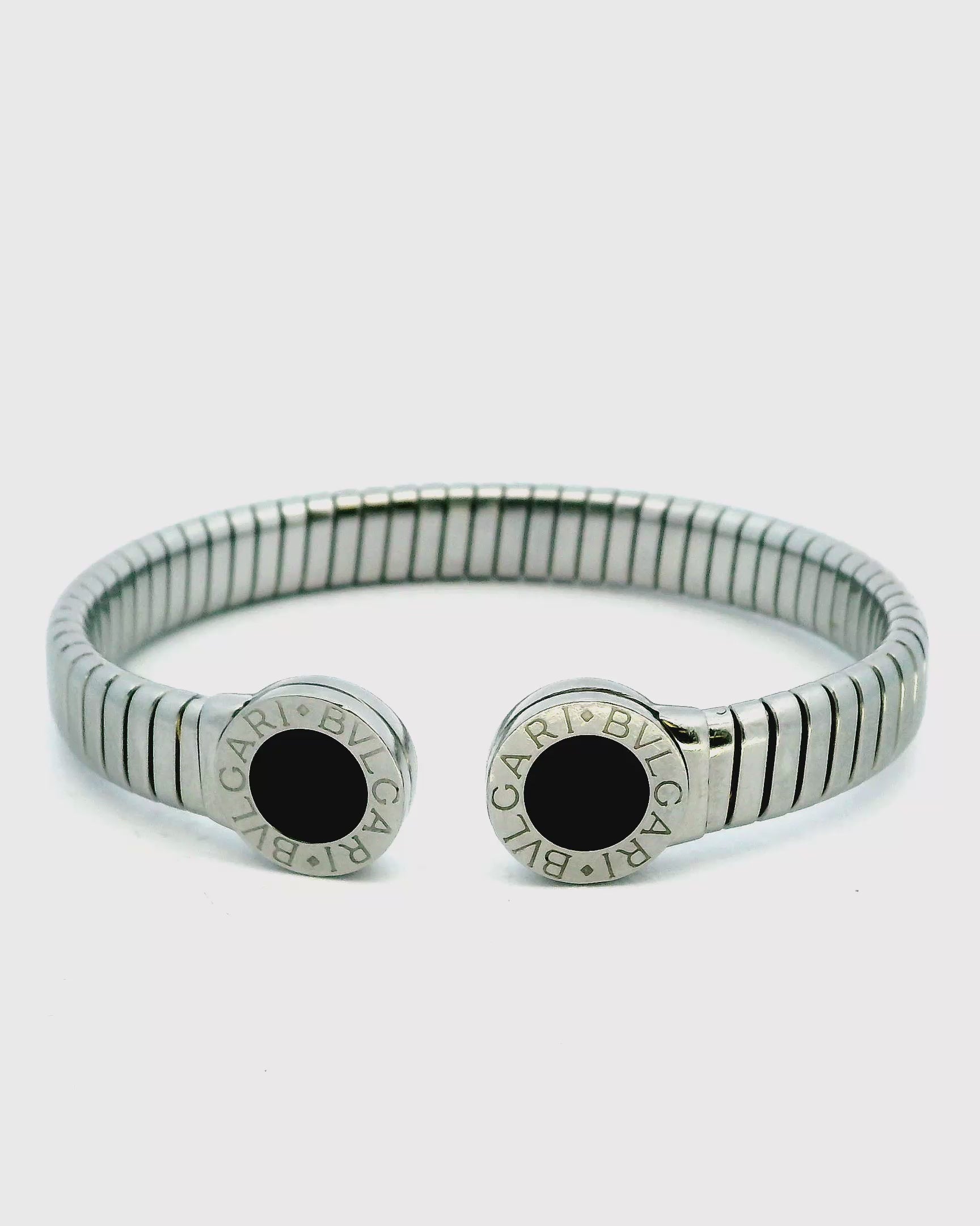 Bvlgari cuff Onyx inlay ends Stainless Steel W/ Box