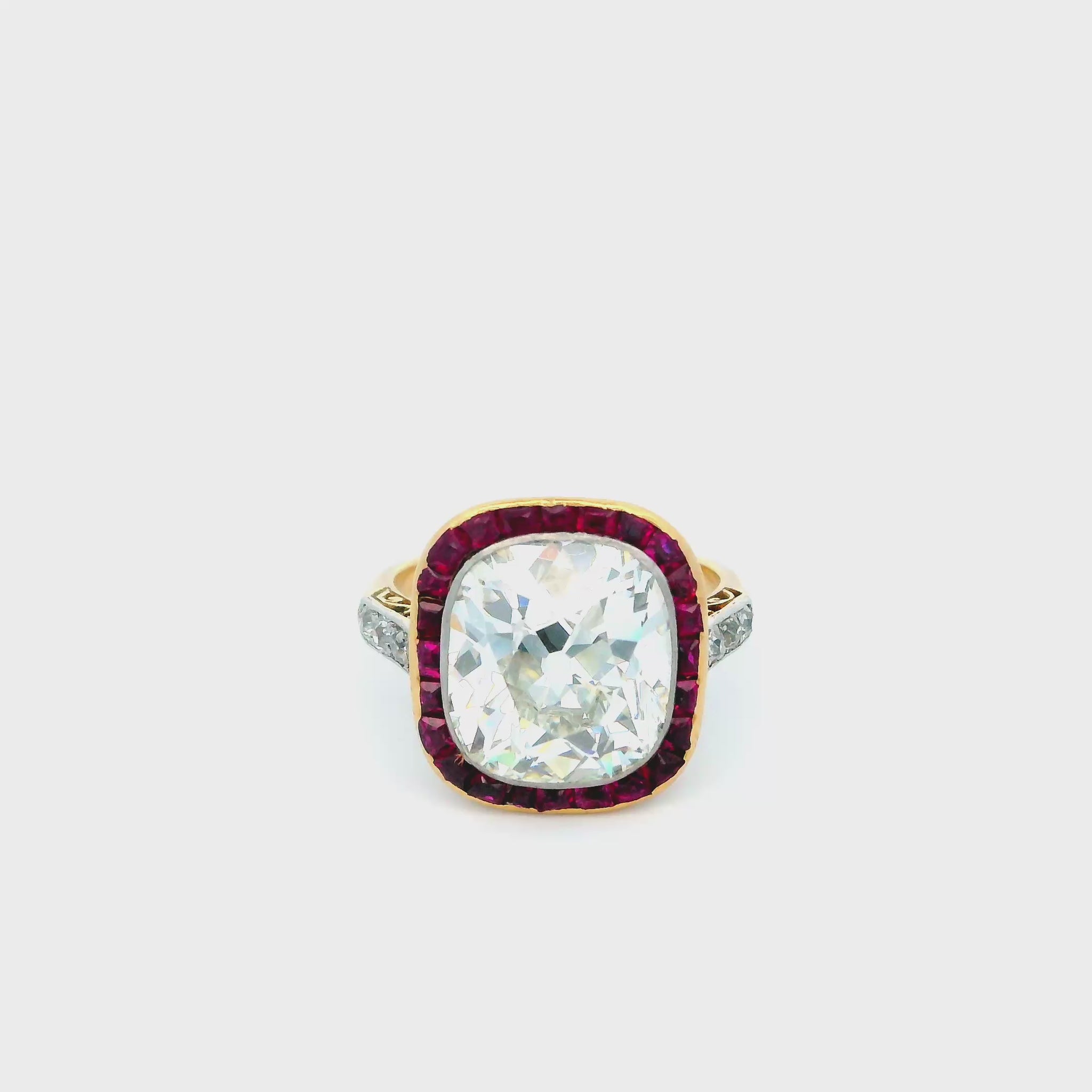 Antique Solitaire Cushion & Rubies Ring GIA Certified