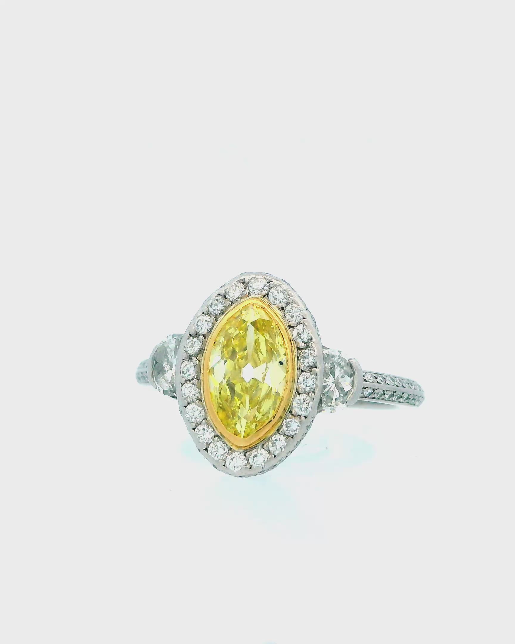 1.05Ct Natural Fancy Intense Yellow Diamond & Halfmoon Pave Side W/Gia