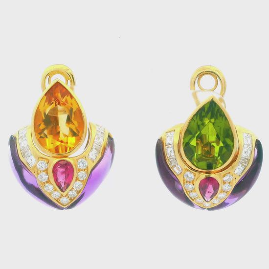 18K Gold Multi-Gemstone Drop Earrings Peridot, Citrine, Amethyst, and Diamond