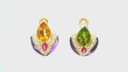 18K Gold Multi-Gemstone Drop Earrings Peridot, Citrine, Amethyst, and Diamond
