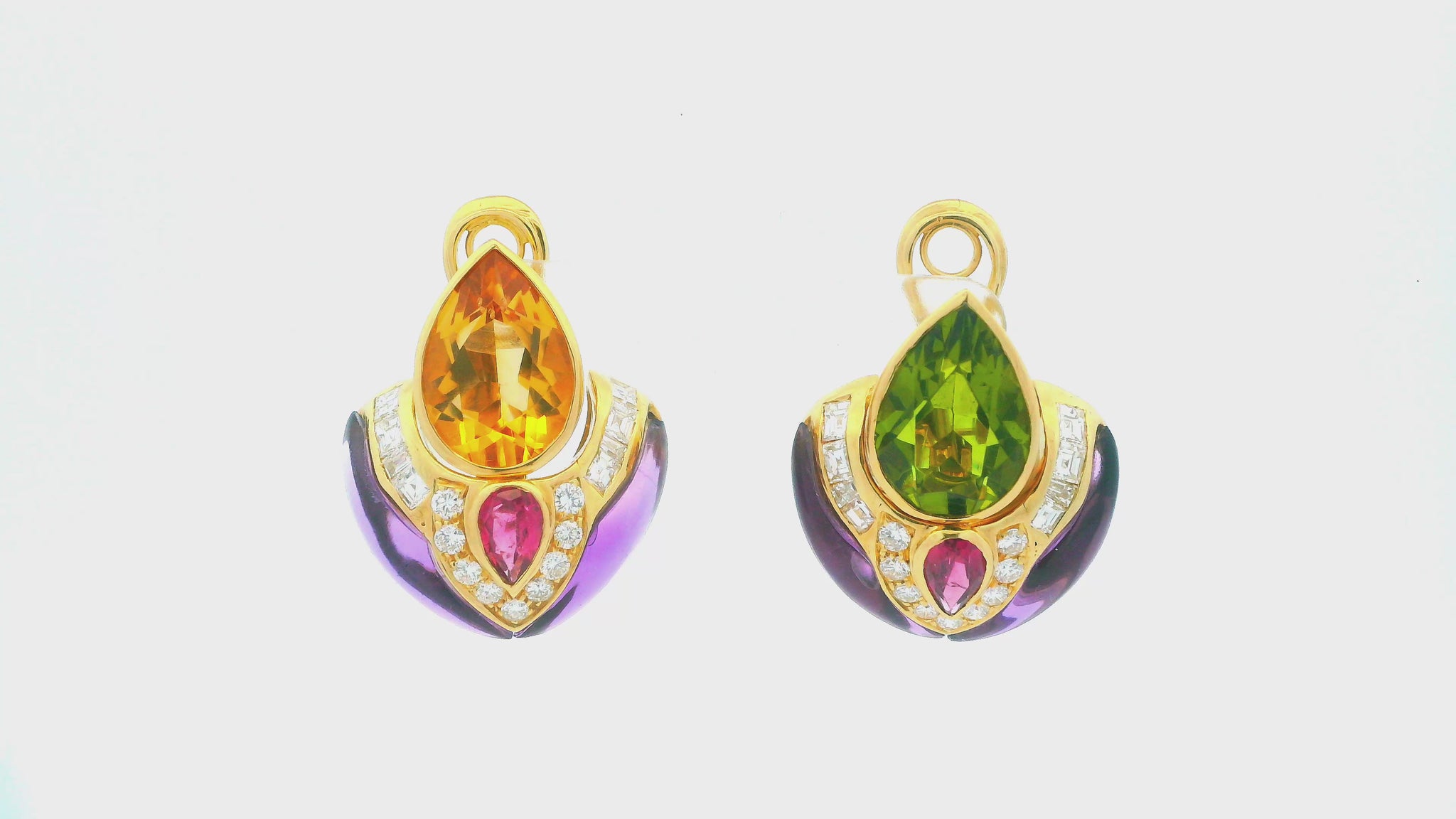 18K Gold Multi-Gemstone Drop Earrings Peridot, Citrine, Amethyst, and Diamond