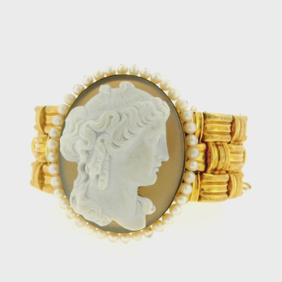 18K Gold Cameo with Pearls Border Woven Links Bracelet
