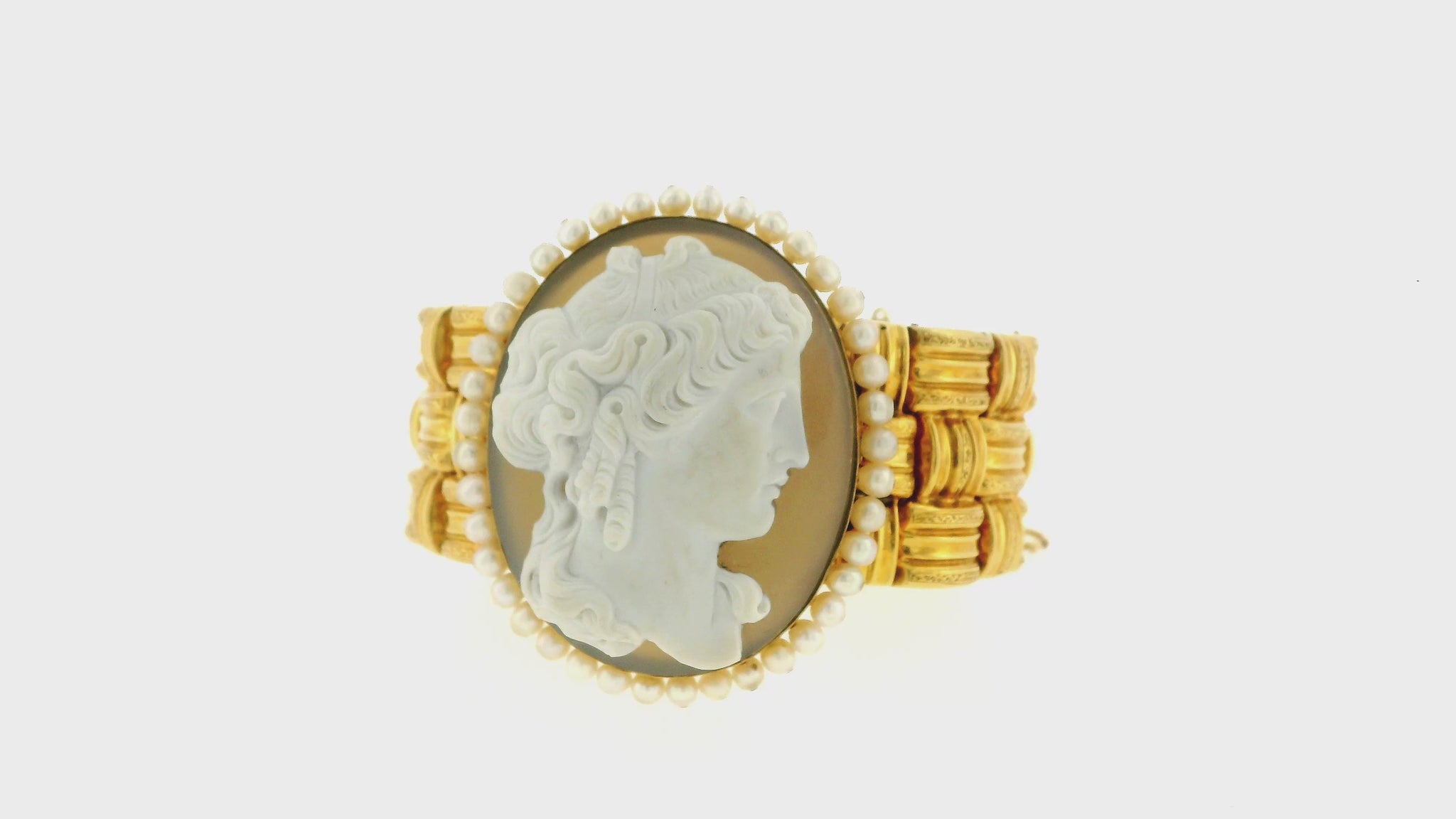 18K Gold Cameo with Pearls Border Woven Links Bracelet