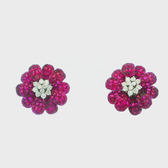 18K White Gold Floral Rubies & Diamond Clip On Earrings.
