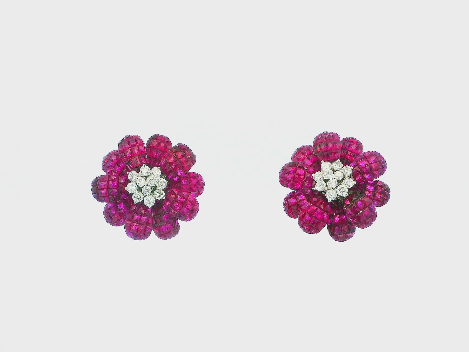 18K White Gold Floral Rubies & Diamond Clip On Earrings.