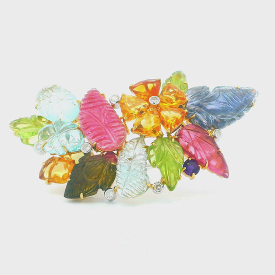 Brooch 18k Cornucopia Carved Pastel Color Stones