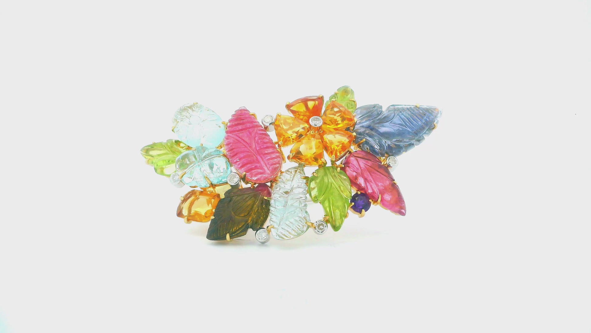 Brooch 18k Cornucopia Carved Pastel Color Stones